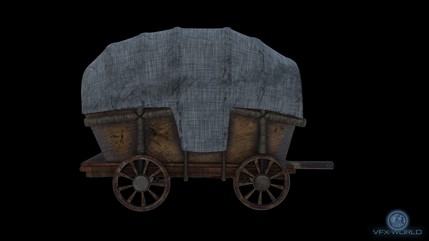 Medieval Horse-drawn wagon 3D Model right side